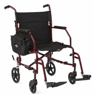 Medline Lightweight Steel Transport Chair, Folding Chair is Portable, Large 12in Back Wheels, 19in Wide Seat, Red