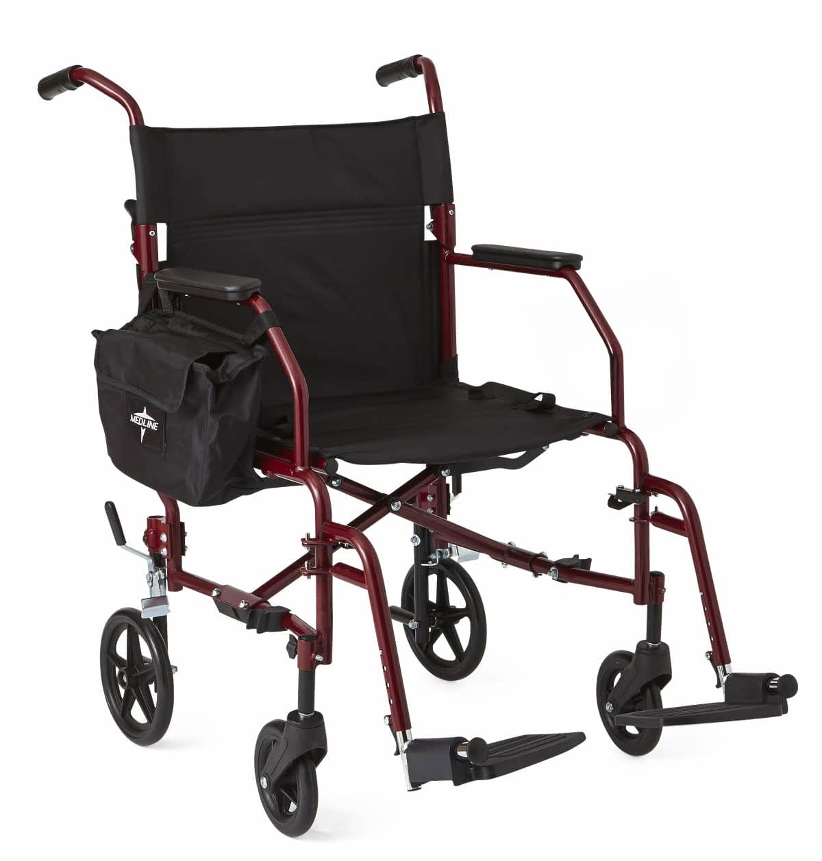 Medline Lightweight Steel Transport Chair, Folding Chair is Portable, Large 12in Back Wheels, 19in Wide Seat, Red