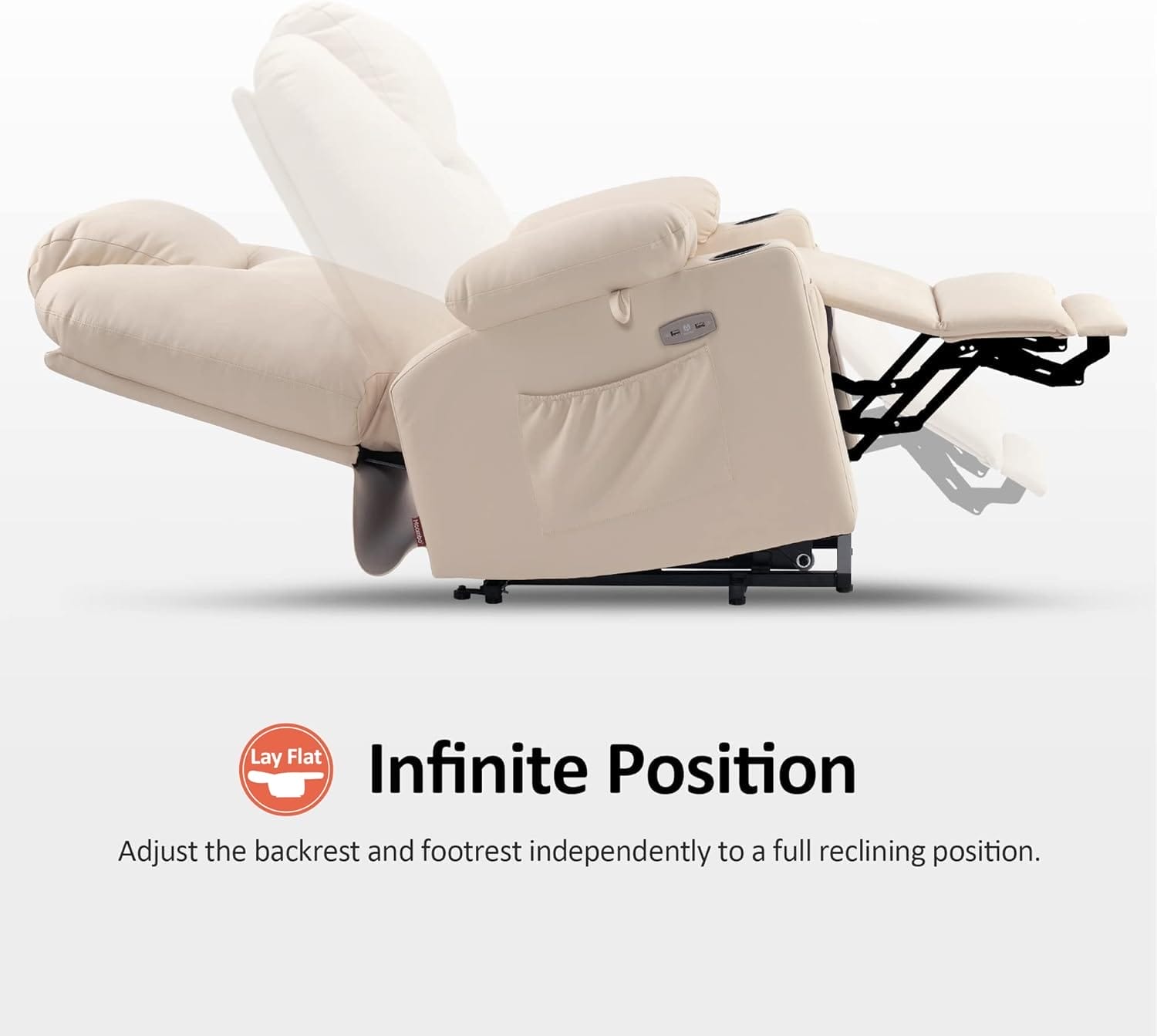 MCombo Large Lay Flat Dual Motor Power Lift Recliner Chair Sofa with Massage and Heat, USB Ports, Extended Footrest, for Elderly People, Infinite Position, Faux Leather 7815 (Cream White) - Image 6