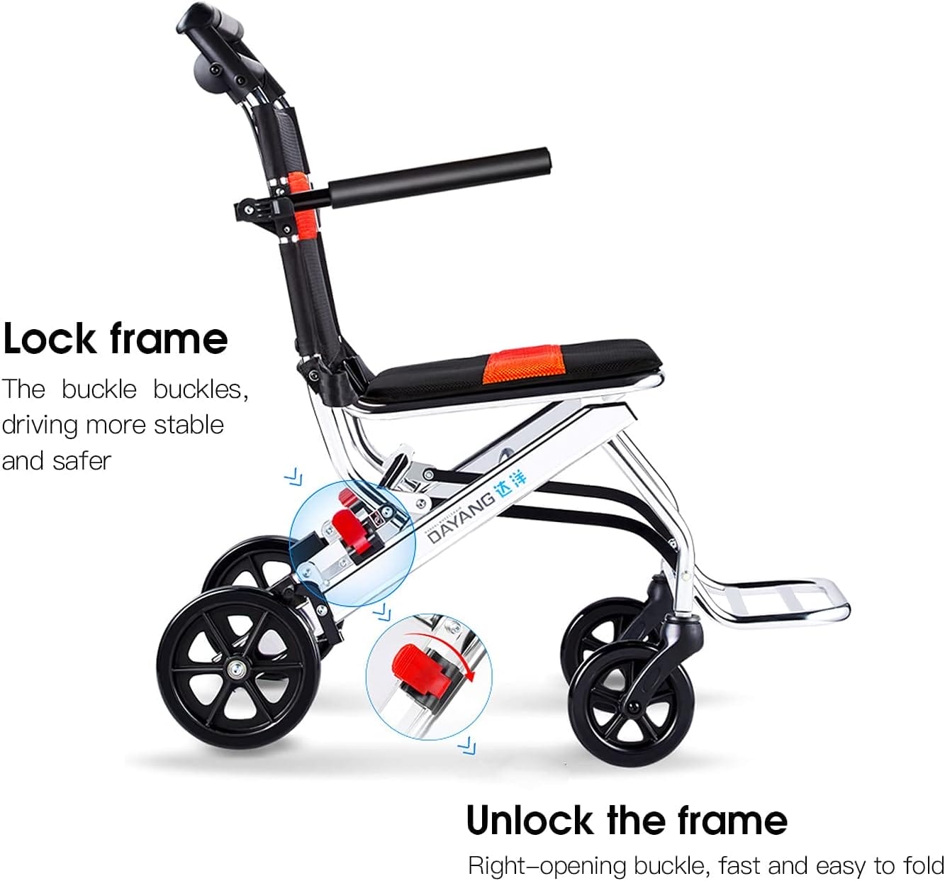 Portable Folding Wheelchair, Travel with handbrake, Ultra-Light Wheelchair for The Elderly and Children (with Bag) (12 inch PU Rear Wheel) - Image 8