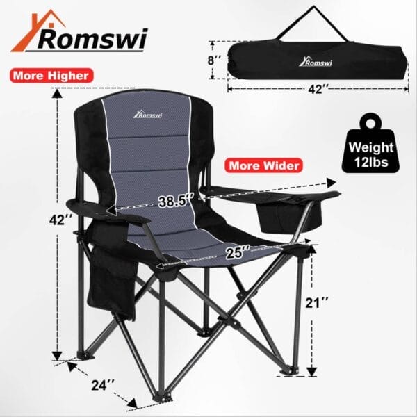 Romswi Oversized Camping Chairs,Heavy Duty Support 500 LBS,Padded Back & Arm Sport Chairs, Cup Holder Cooler Bag, Collapsible Folding Chairs for Outdoor, Fishing & Garden - Image 2