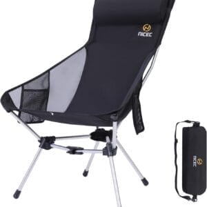 Nice C Ultralight High Back Folding Camping Chair, Backpacking Chair, Compact & Heavy Duty Outdoor, Travel, Picnic, Festival with 2 Side Pockets, Pillow &Carry Bag (One Black)