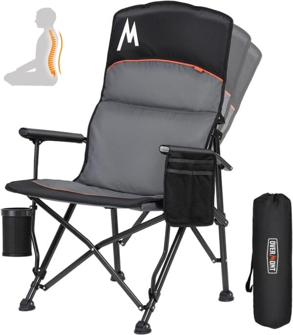 Overmont Back Support Camping Chair for Adults - Oversized with Adjustable High Backrest - Heavy Duty Folding Chair Supports 500 LBS - Cup Holder & Side Pocket – Perfect for Outdoor, Lawn, Beach Use