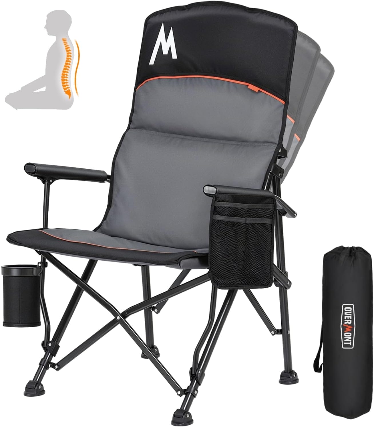 Overmont Back Support Camping Chair for Adults - Oversized with Adjustable High Backrest - Heavy Duty Folding Chair Supports 500 LBS - Cup Holder & Side Pocket – Perfect for Outdoor, Lawn, Beach Use