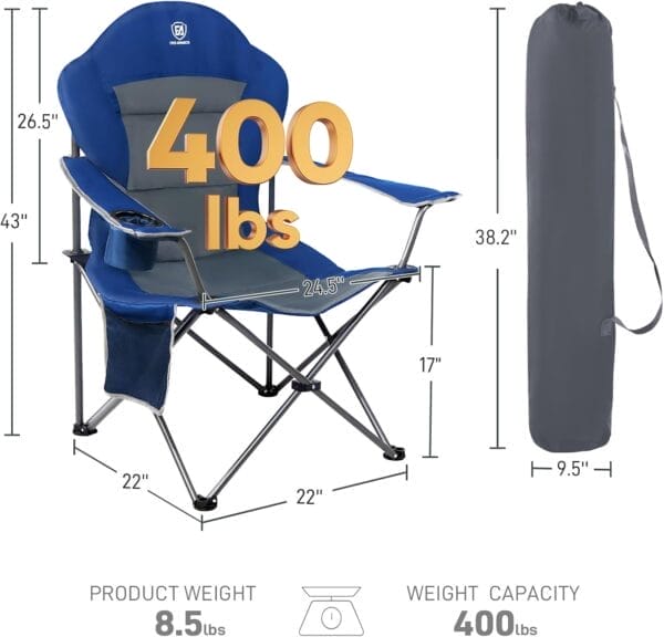 EVER ADVANCED High Back Folding Camping Chair Oversized and Fully Padded, Portable Quad Camp Lawn Chair Up to 400 lbs, with Cup Holder Armrest Carrying Bag - Image 3