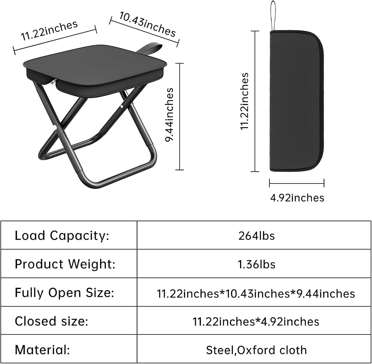 Folding Chair,Collapsible Stool,Weight 1.36lbs,Load 264lbs,Portable Stool for Camping,Fishing,Hiking,BBQ,Gift for Fisherman-Black - Image 2