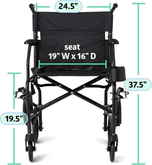 Medline Ultra Lightweight Transport Wheelchair for Adults, Foldable, 19-Inch Seat Width, Black Frame, Black Upholstery - Image 6