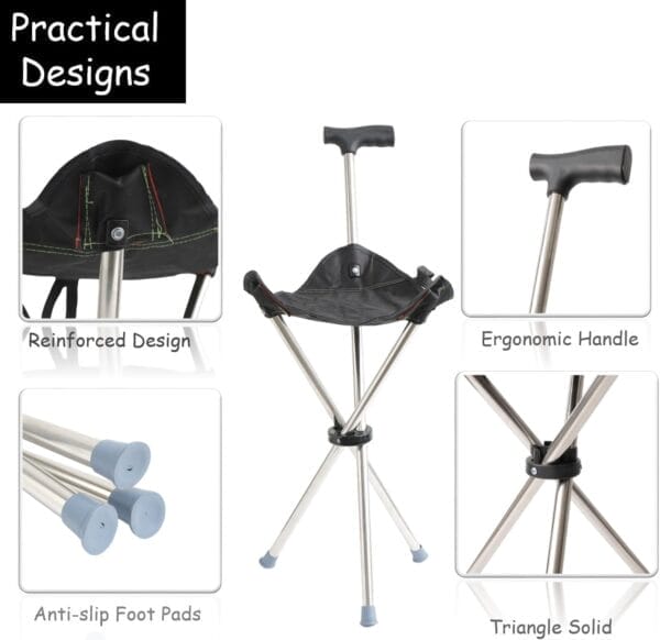 Lightweight Travel Stools for Adults, Foldable Cane Chairs for Adults, Cane Seat Walking Stick Folding Seat 220 Lbs for Camping & Hiking, Black - Image 5