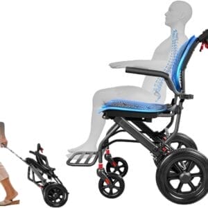Ultra Lightweight Transport Wheelchair Foldable, Portable Travel Wheelchair for Adults Senior, with Ergonomics Comfortable Seat Cushion, Telescopic Handle for Travel