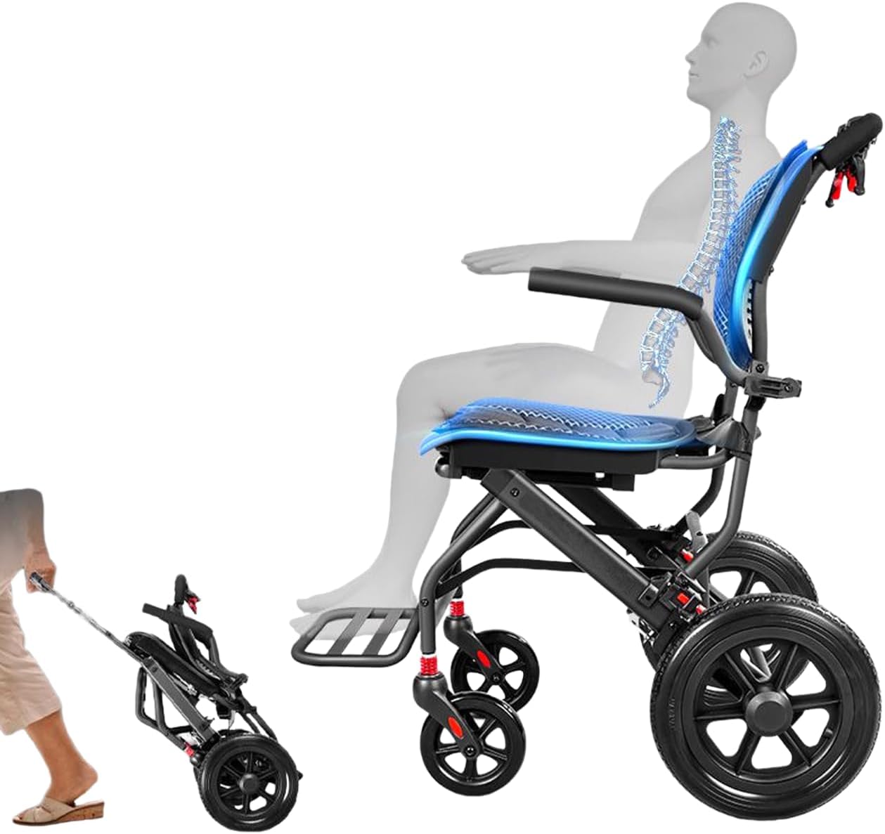 Ultra Lightweight Transport Wheelchair Foldable, Portable Travel Wheelchair for Adults Senior, with Ergonomics Comfortable Seat Cushion, Telescopic Handle for Travel
