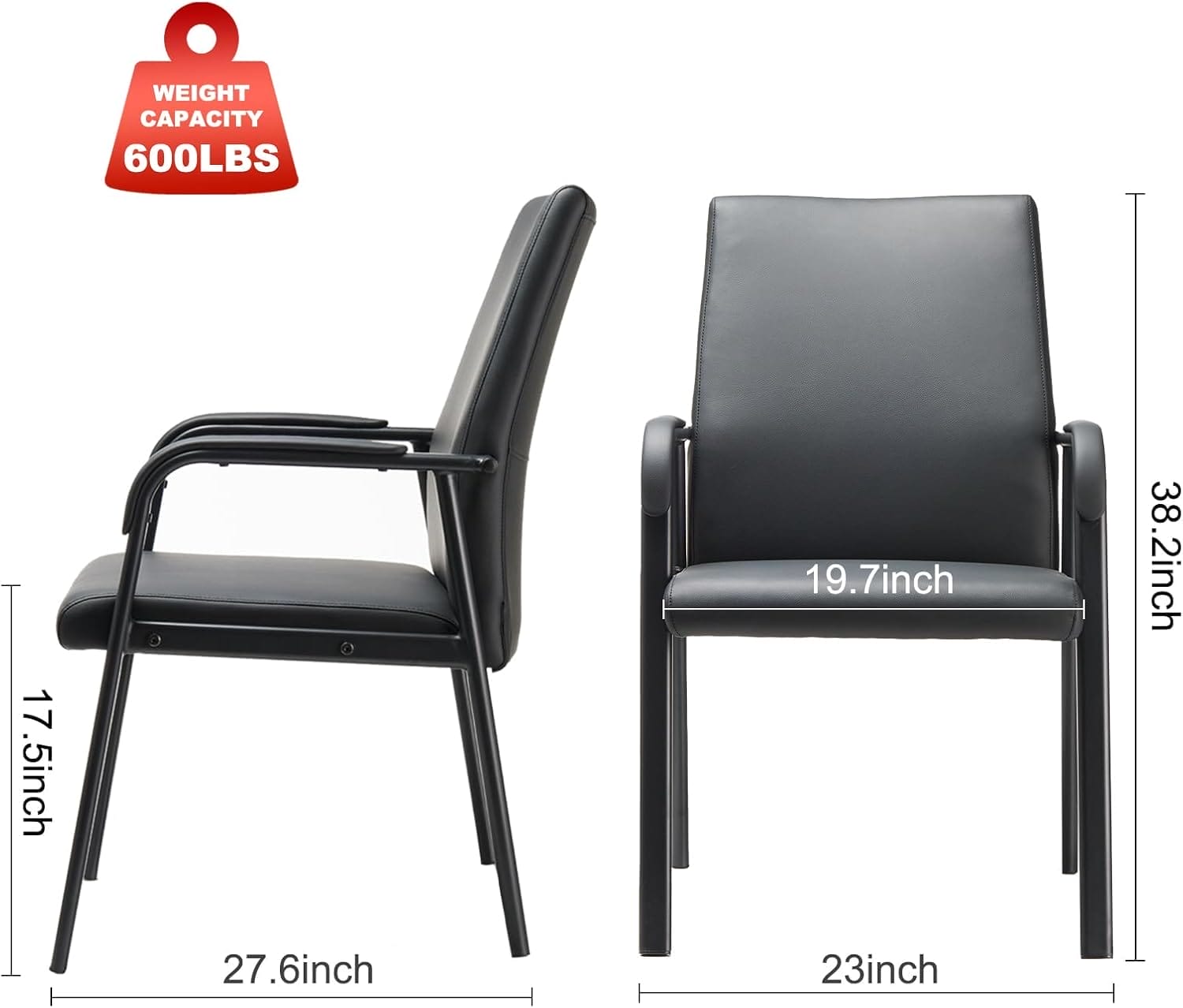 8 Pack Office Guest Reception Chair 600 lbs Capacity Leather Conference Room Chairs with Padded Armrests No Wheels Desk Chair Black - Image 3