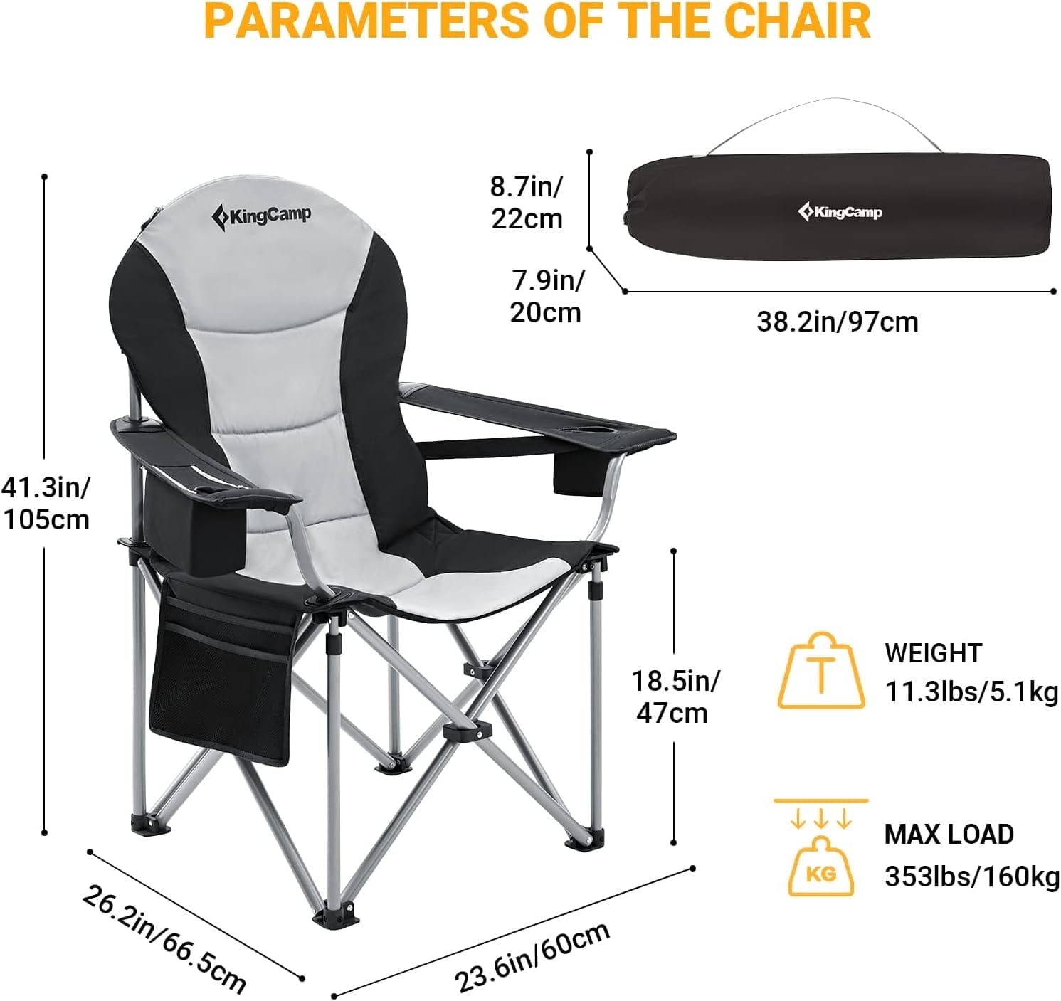 KingCamp Folding Portable Camping Chairs Oversized Padded Quad Arm Chair with Cooler Bag, Cup Holder and Side Pocket, Heavy Duty Supports 300 lbs for Outdoor, Lawn, Fishing, Sports - Image 3