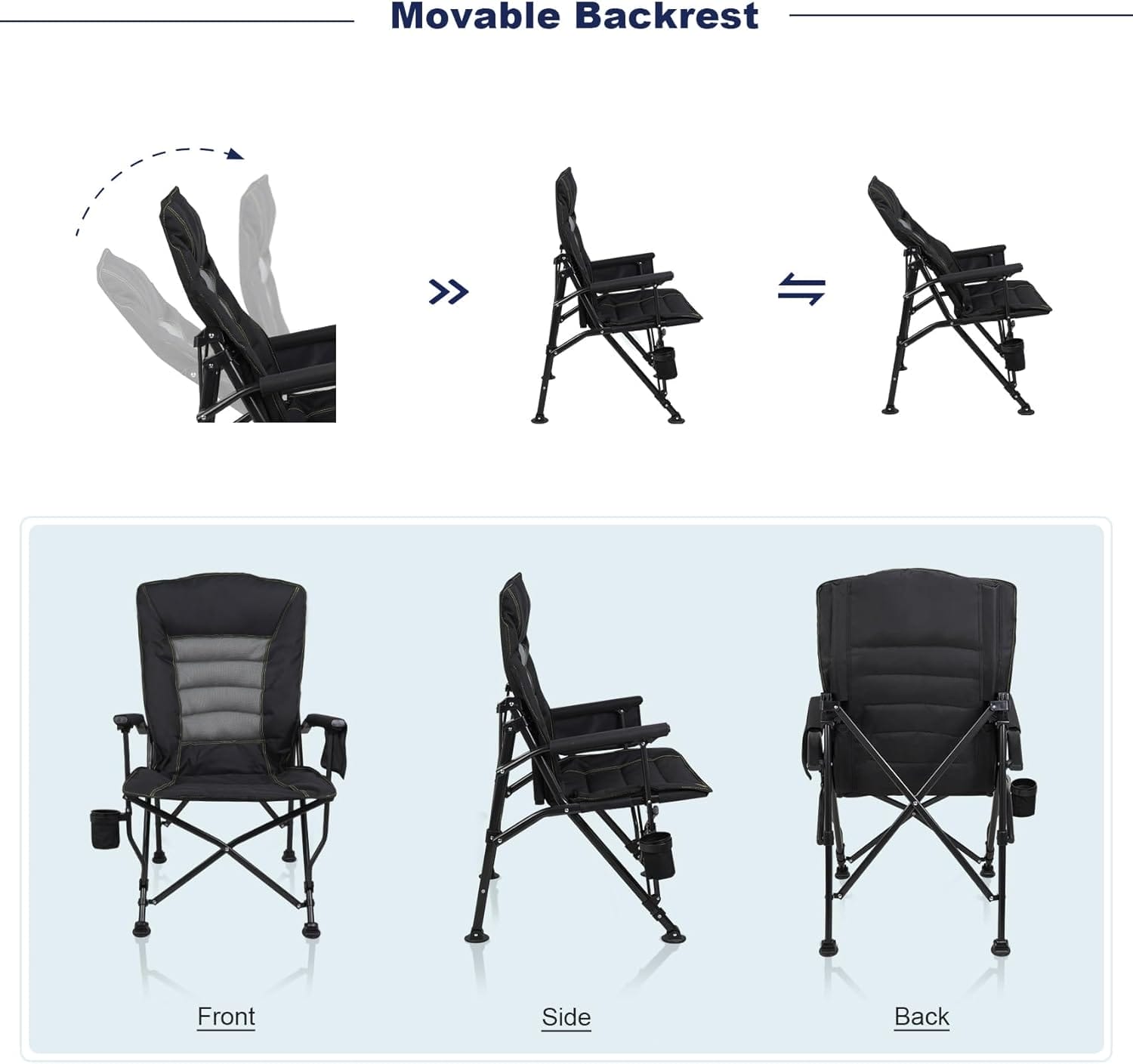 Outdoor Folding Camping Chair Heavy Duty Movable High Back Collapsible Padded Chair with Storage Bag for Outside Camping Activities, Black - Image 4