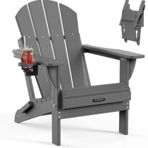 MUCHENGHY Folding Adirondack Chairs, Patio Chairs, Lawn Chairs, Outdoor Chair, Adirondack Chair Plastic, Fire Pit, Weather Resistant with Cup Holder for Deck, Backyard, Garden(Gray)