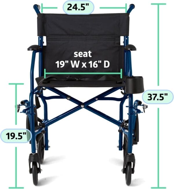 Medline Ultra Lightweight Transport Wheelchair for Adults, Foldable, 19-Inch Seat Width, Blue Frame, Black Upholstery - Image 6