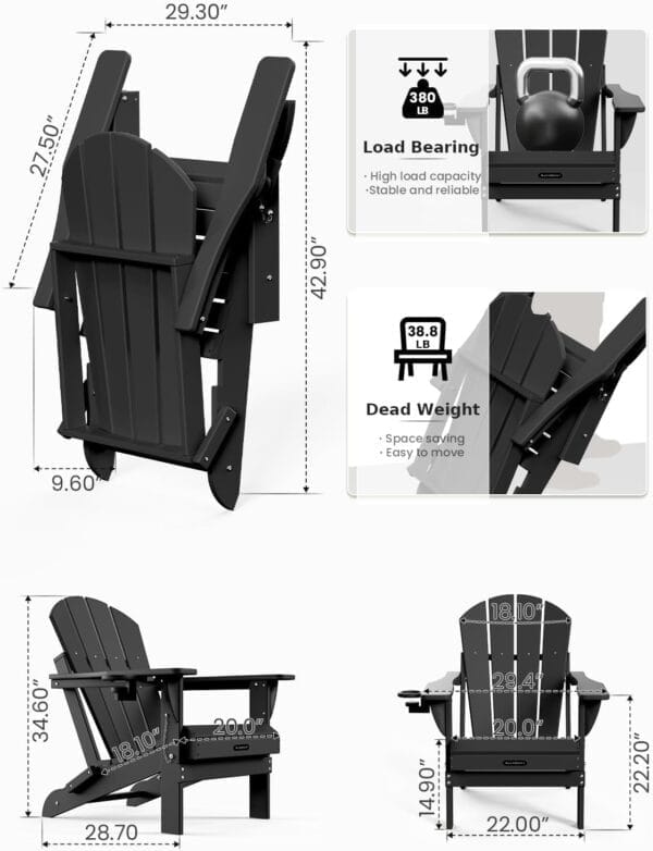 MUCHENGHY Folding Adirondack Chairs 2 Pack, Patio & Outdoor Chairs, Plastic Weather Resistant with Cup Holder for Deck, Backyard, Garden (Black) - Image 3