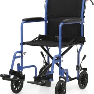 Magshion Lightweight Transport Wheelchair for Adults 250 Lbs, Portable Folding Transport Chair for Seniors with Push-to-Lock & Hand Brakes, Compact 16" Seat (Blue Frame)