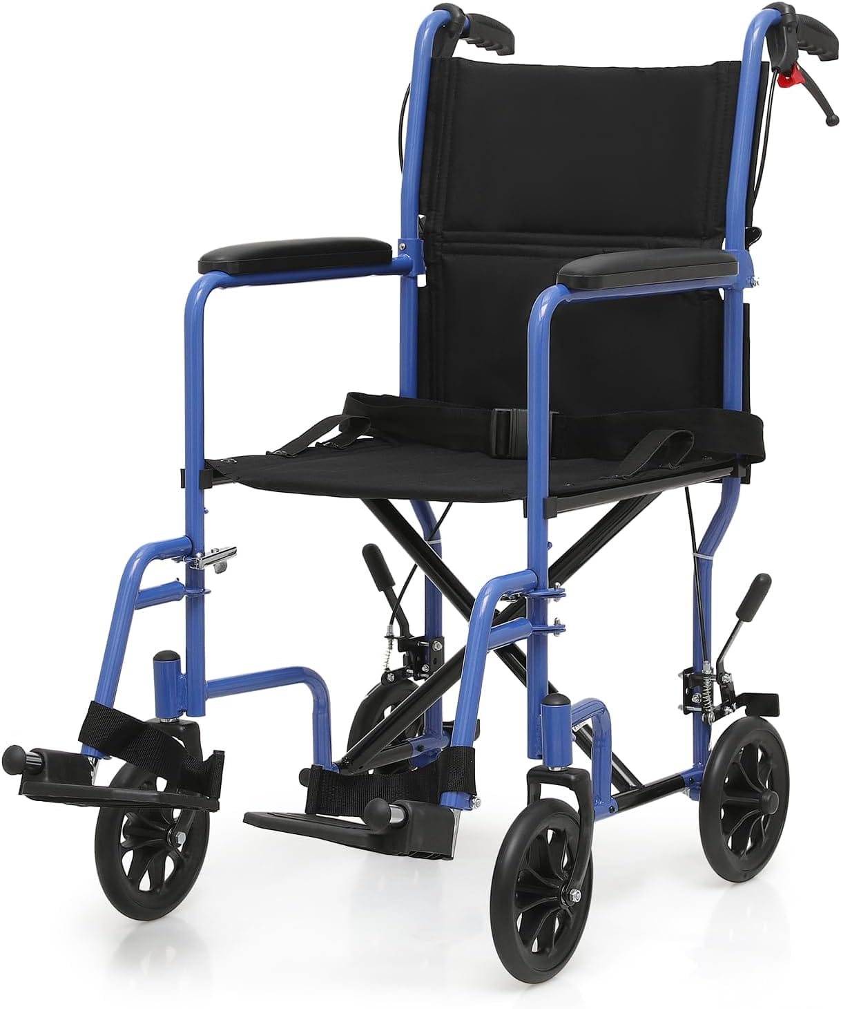 Magshion Lightweight Transport Wheelchair for Adults 250 Lbs, Portable Folding Transport Chair for Seniors with Push-to-Lock & Hand Brakes, Compact 16" Seat (Blue Frame)
