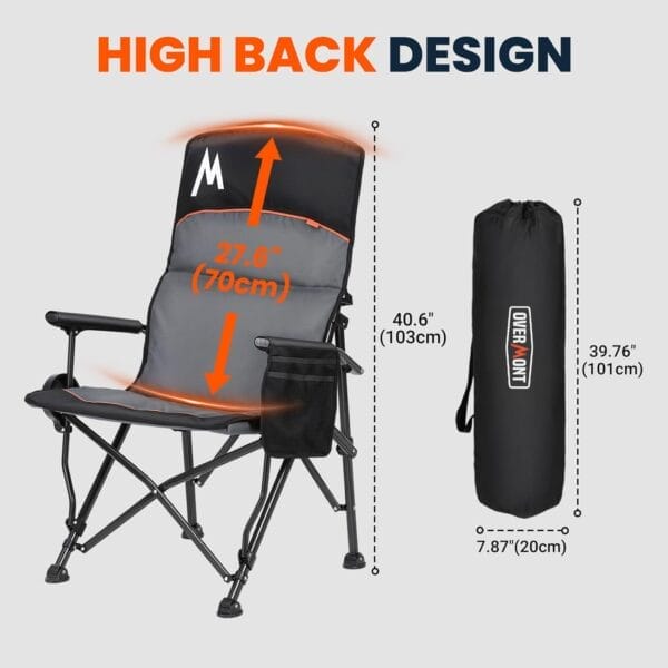 Overmont Back Support Camping Chair for Adults - Oversized with Adjustable High Backrest - Heavy Duty Folding Chair Supports 500 LBS - Cup Holder & Side Pocket – Perfect for Outdoor, Lawn, Beach Use - Image 2