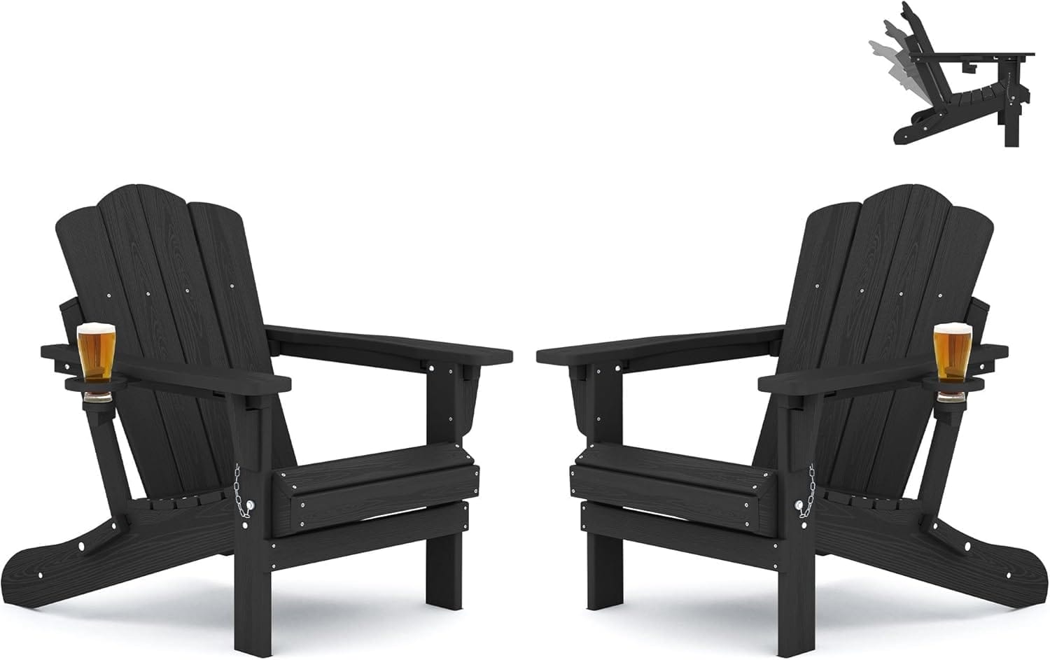 KINGYES Folding Adjustable Backrest HDPE Adirondack Chair Set of 2, Black