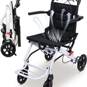 Lightweight Folding Wheelchair for Adults Seniors Travel, 220lbs Capacity Carbon Steel Frame with Hand Brakes & Safety Strap, Compact Transport Wheelchair with PU Wheels (8.2KG)