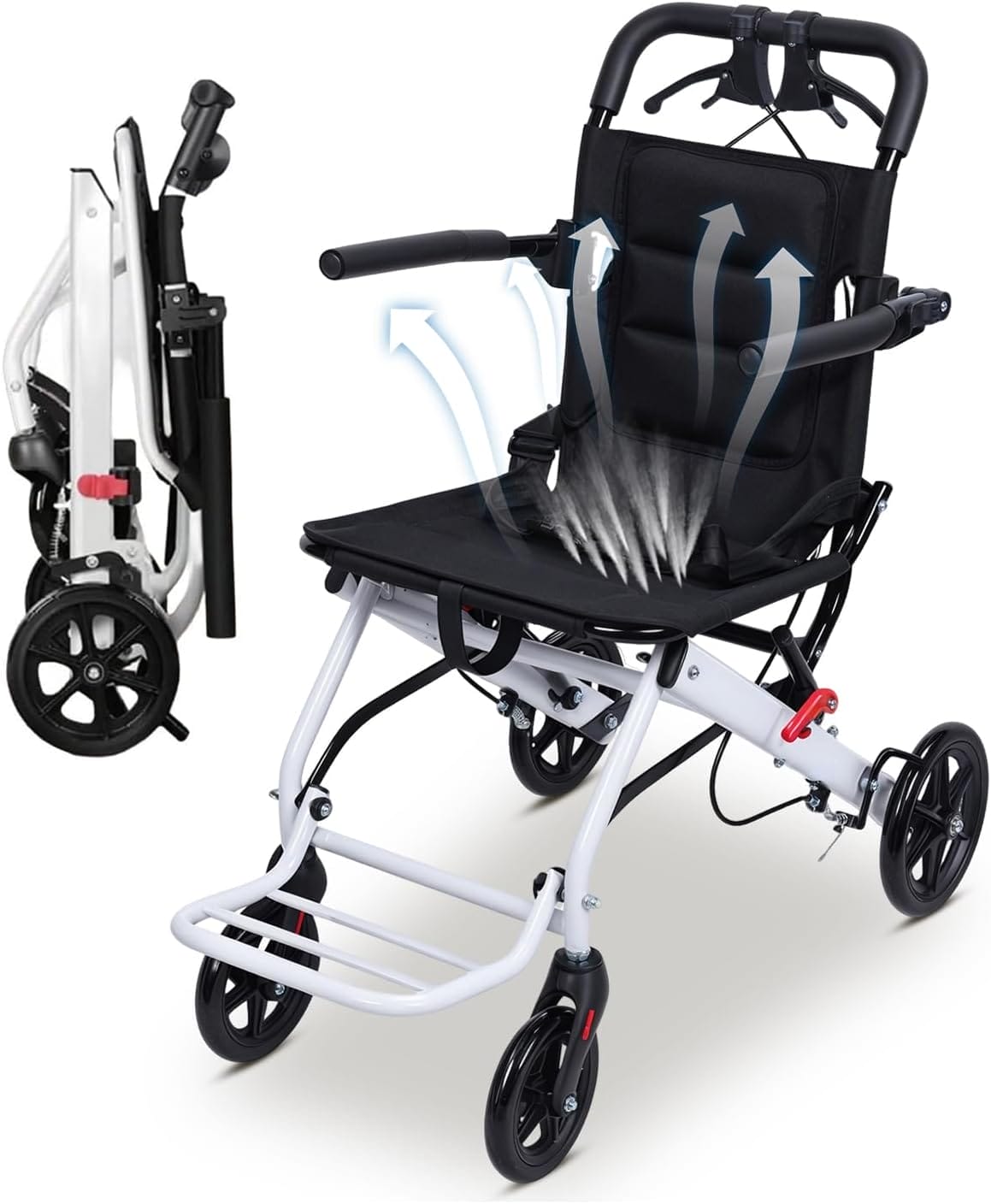 Lightweight Folding Wheelchair for Adults Seniors Travel, 220lbs Capacity Carbon Steel Frame with Hand Brakes & Safety Strap, Compact Transport Wheelchair with PU Wheels (8.2KG)