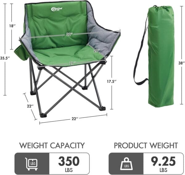 PORTAL 32In Extra Wide Camping Chair for Adults, Oversized Folding Chair with Cup Holder & Carry Bag, Heavy-Duty Outdoor Chair Supports 350 lbs, Portable for Camping, Lawn, Patio – Green (2-Pack) - Image 3