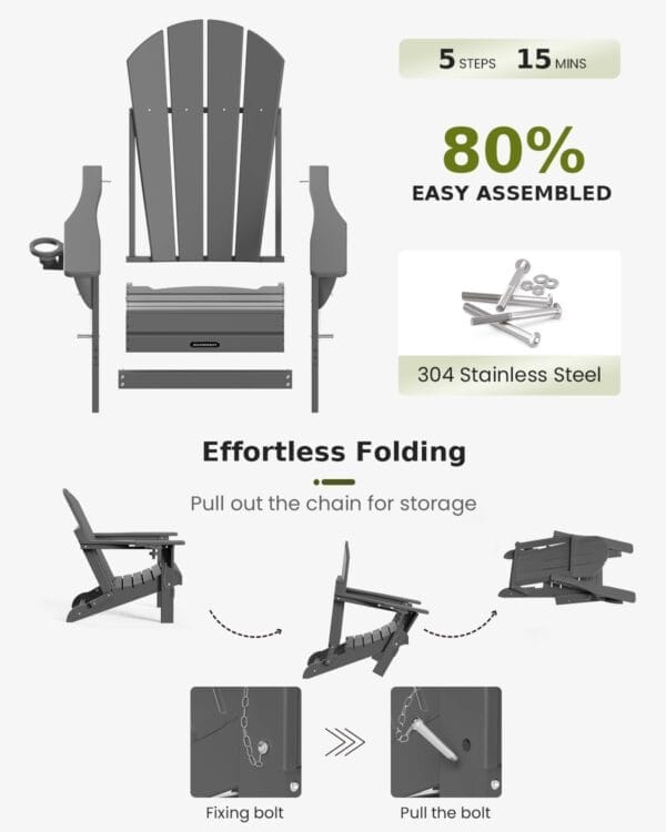MUCHENGHY Folding Adirondack Chairs, Patio Chairs, Lawn Chairs, Outdoor Chair, Adirondack Chair Plastic, Fire Pit, Weather Resistant with Cup Holder for Deck, Backyard, Garden(Gray) - Image 4