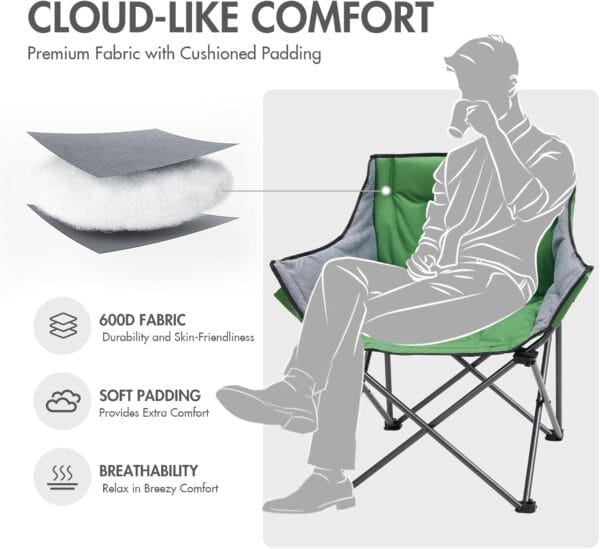 PORTAL 32In Extra Wide Camping Chair for Adults, Oversized Folding Chair with Cup Holder & Carry Bag, Heavy-Duty Outdoor Chair Supports 350 lbs, Portable for Camping, Lawn, Patio – Green (2-Pack) - Image 5
