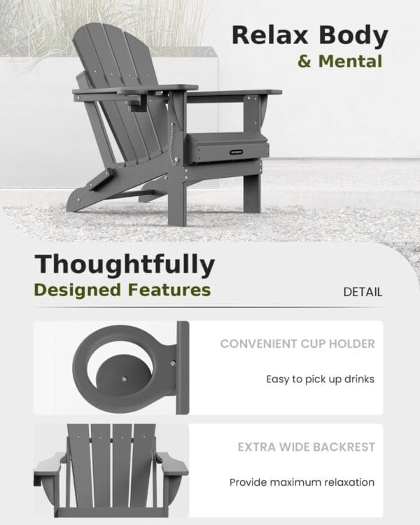 MUCHENGHY Folding Adirondack Chairs, Patio Chairs, Lawn Chairs, Outdoor Chair, Adirondack Chair Plastic, Fire Pit, Weather Resistant with Cup Holder for Deck, Backyard, Garden(Gray) - Image 8