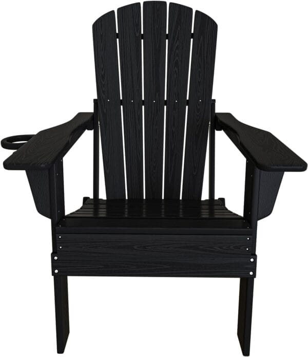 Folding Adirondack Chair, SGS Tested, Wooden Textured with Cup Holder, Heavy All-Weather HDPE Comfortable Set Poolside Backyard Lawn Black - Image 9