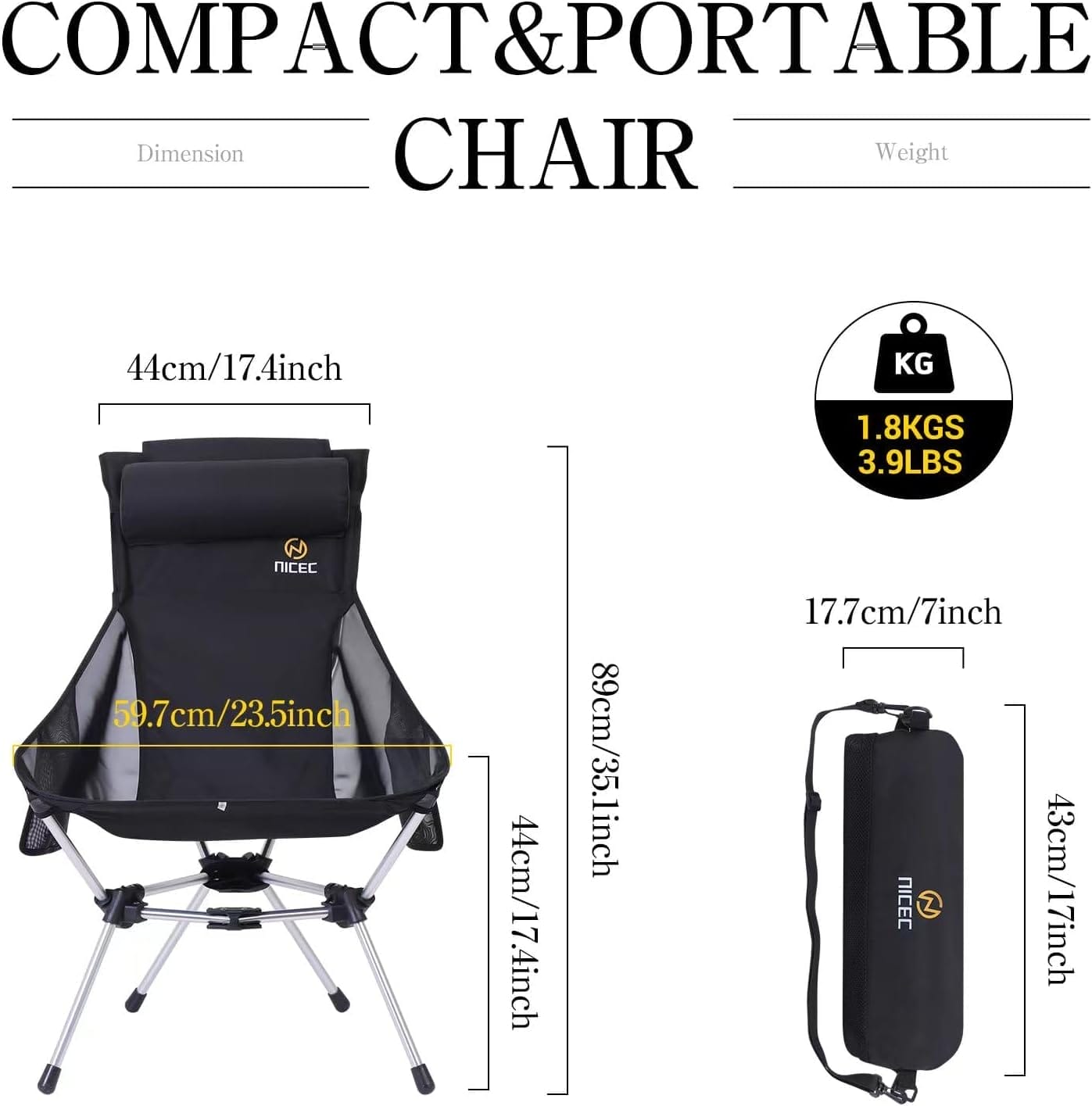 Nice C Ultralight High Back Folding Camping Chair, Backpacking Chair, Compact & Heavy Duty Outdoor, Travel, Picnic, Festival with 2 Side Pockets, Pillow &Carry Bag (One Black) - Image 3