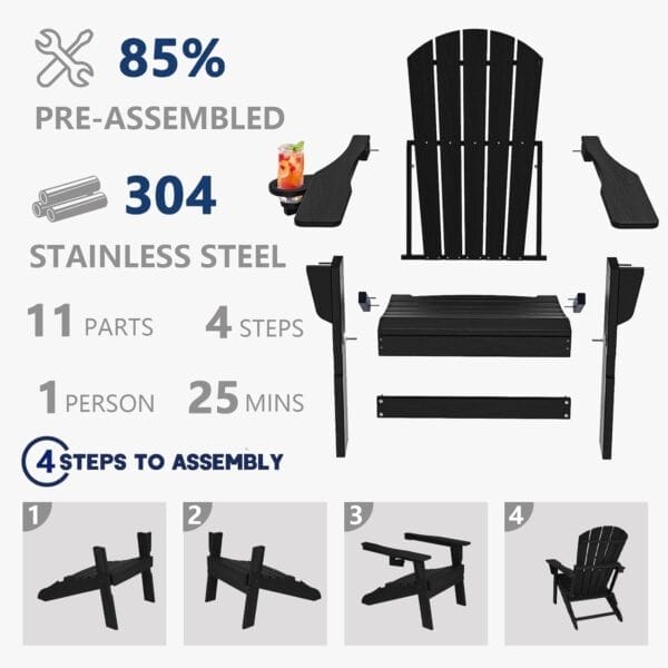 Folding Adirondack Chair, SGS Tested, Wooden Textured with Cup Holder, Heavy All-Weather HDPE Comfortable Set Poolside Backyard Lawn Black - Image 6