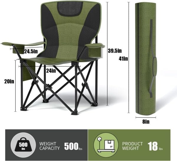 Heavy Duty Folding Chair 500LB Capacity, Oversized Camping Chairs with Cup Holder, Cooler Bag & Storage Pouch, Double-Layer Fabric, Outdoor Chairs for Sports, Lawn Chairs (2, Black Green, Extra Large) - Image 2