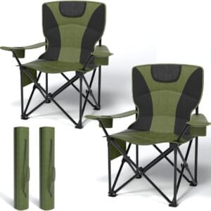 Heavy Duty Folding Chair 500LB Capacity, Oversized Camping Chairs with Cup Holder, Cooler Bag & Storage Pouch, Double-Layer Fabric, Outdoor Chairs for Sports, Lawn Chairs (2, Black Green, Extra Large)
