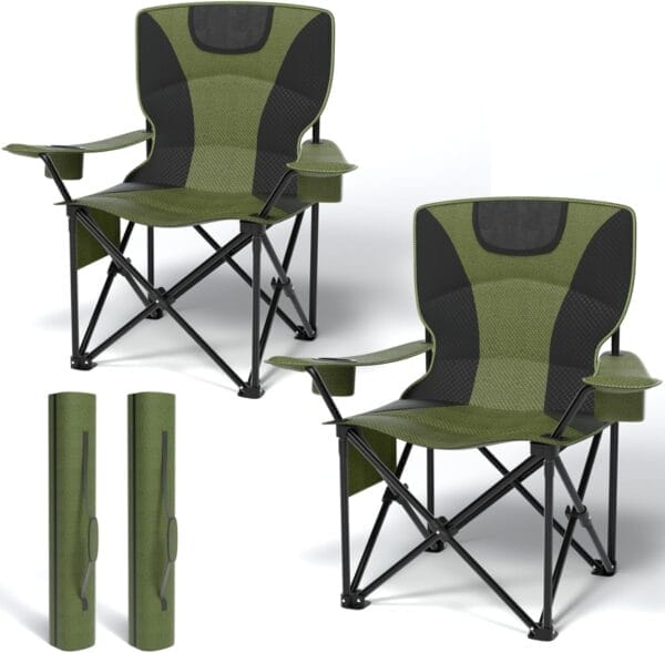 Heavy Duty Folding Chair 500LB Capacity, Oversized Camping Chairs with Cup Holder, Cooler Bag & Storage Pouch, Double-Layer Fabric, Outdoor Chairs for Sports, Lawn Chairs (2, Black Green, Extra Large)