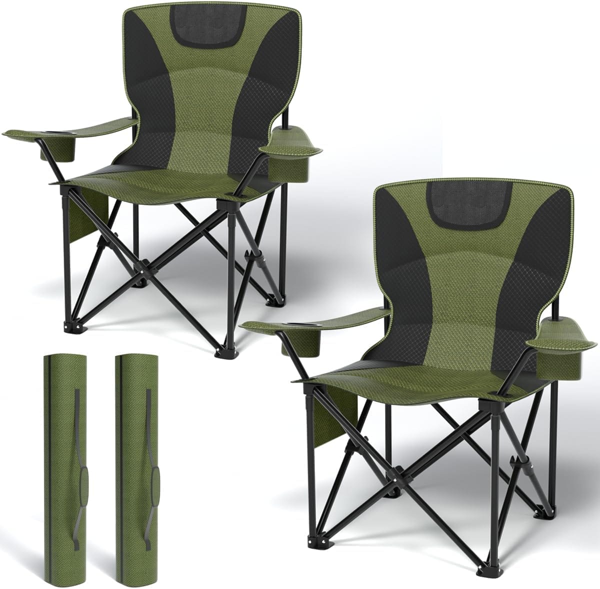 Heavy Duty Folding Chair 500LB Capacity, Oversized Camping Chairs with Cup Holder, Cooler Bag & Storage Pouch, Double-Layer Fabric, Outdoor Chairs for Sports, Lawn Chairs (2, Black Green, Extra Large)