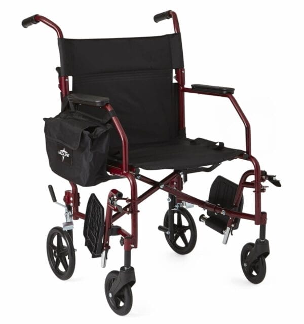 Medline Lightweight Steel Transport Chair, Folding Chair is Portable, Large 12in Back Wheels, 19in Wide Seat, Red - Image 2
