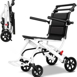Lightweight Folding Wheelchair for Adults,Portable Transport Chair with Foot Rests,Adjustable Safety Strap,Aluminum Frame PU Wheels,Up to 200lbs Travel Wheelchair for Senior,Adult White