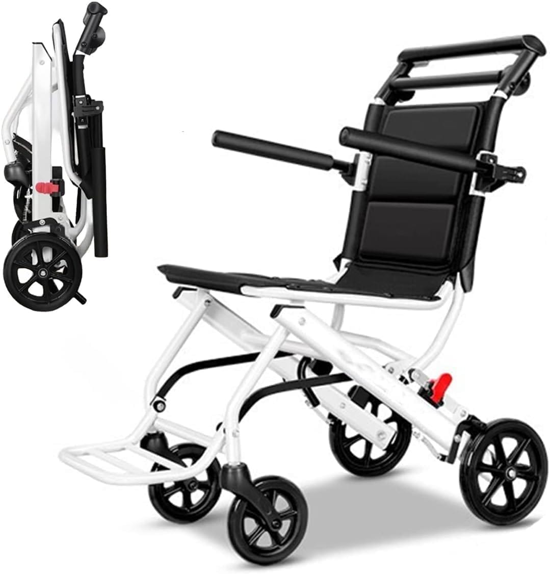 Lightweight Folding Wheelchair for Adults,Portable Transport Chair with Foot Rests,Adjustable Safety Strap,Aluminum Frame PU Wheels,Up to 200lbs Travel Wheelchair for Senior,Adult White