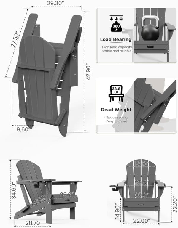 MUCHENGHY Folding Adirondack Chairs, Patio Chairs, Lawn Chairs, Outdoor Chair, Adirondack Chair Plastic, Fire Pit, Weather Resistant with Cup Holder for Deck, Backyard, Garden(Gray) - Image 3