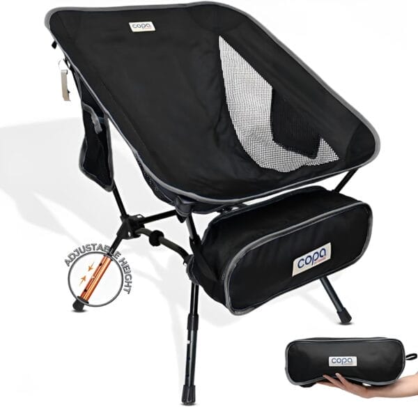 Adjustable Folding Camping Chairs, Ultra Light Backpacking Chair, Portable Folding Chair with Side Pocket and Cup Holder Bonus Bottle Opener Camping Chair (Black)