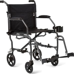 Medline Ultralight Transport Wheelchair, 19" Wide Seat, Foldable Chair with Desk-Length Arms, Metallic Silver Frame - Lightweight, Compact, Portable
