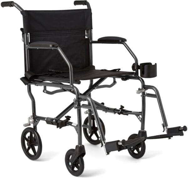 Medline Ultralight Transport Wheelchair, 19" Wide Seat, Foldable Chair with Desk-Length Arms, Metallic Silver Frame - Lightweight, Compact, Portable