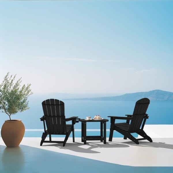 Folding Adirondack Chair, SGS Tested, Wooden Textured with Cup Holder, Heavy All-Weather HDPE Comfortable Set Poolside Backyard Lawn Black - Image 2