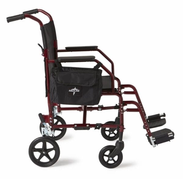 Medline Lightweight Steel Transport Chair, Folding Chair is Portable, Large 12in Back Wheels, 19in Wide Seat, Red - Image 8