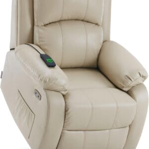 MCombo Small-Regular Power Lift Recliner Chair with Massage and Heat for Petite Elderly People, 3 Positions, 2 Side Pockets, USB Ports, Faux Leather 7408 (Beige, Small-Regular)