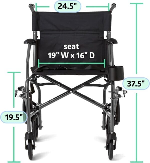 Medline Ultralight Transport Wheelchair, 19" Wide Seat, Foldable Chair with Desk-Length Arms, Metallic Silver Frame - Lightweight, Compact, Portable - Image 6