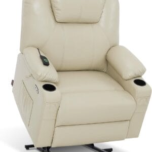 MCombo Extra Wide Power Lift Recliner Chair for Elderly, Lift Chair with Heat and Massage for Big People, USB&Type C Ports, Cup Holders, Faux Leather R7045 (Cream White, Medium-Wide)