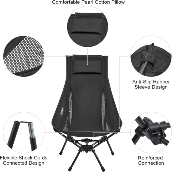 G4Free Folding Lightweight Camp Chair High Back Camping Chair Backpacking Chair Heavy Duty 330lbs with Headrest Pocket Black - Image 5